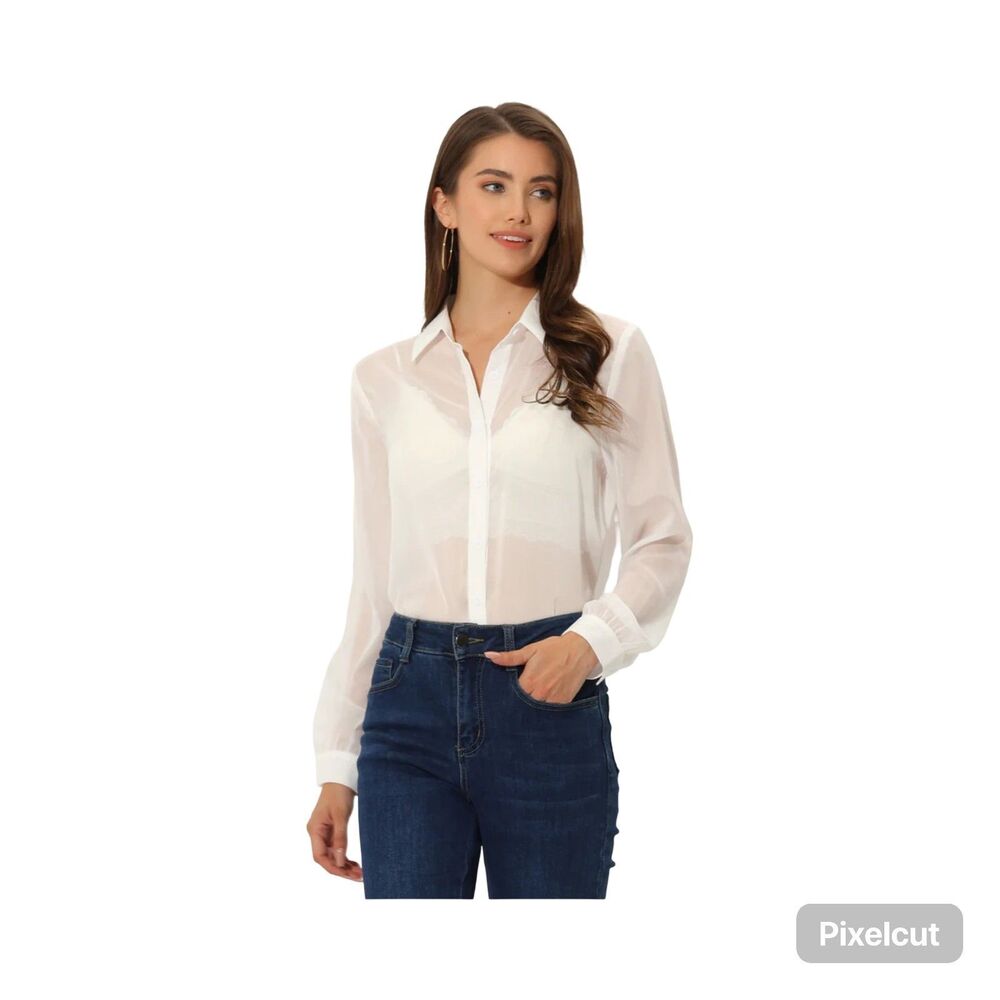 NWT Size XL Allegra K Sheer Button Up See Through Long Sleeve Top